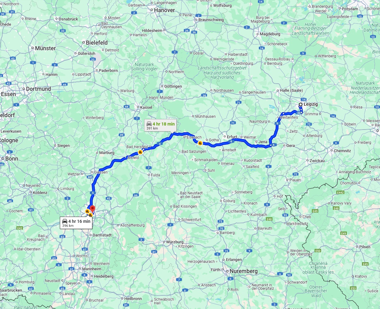 Anreise von Leipzig Zu Frankfurt am Main Über via A4 and A5