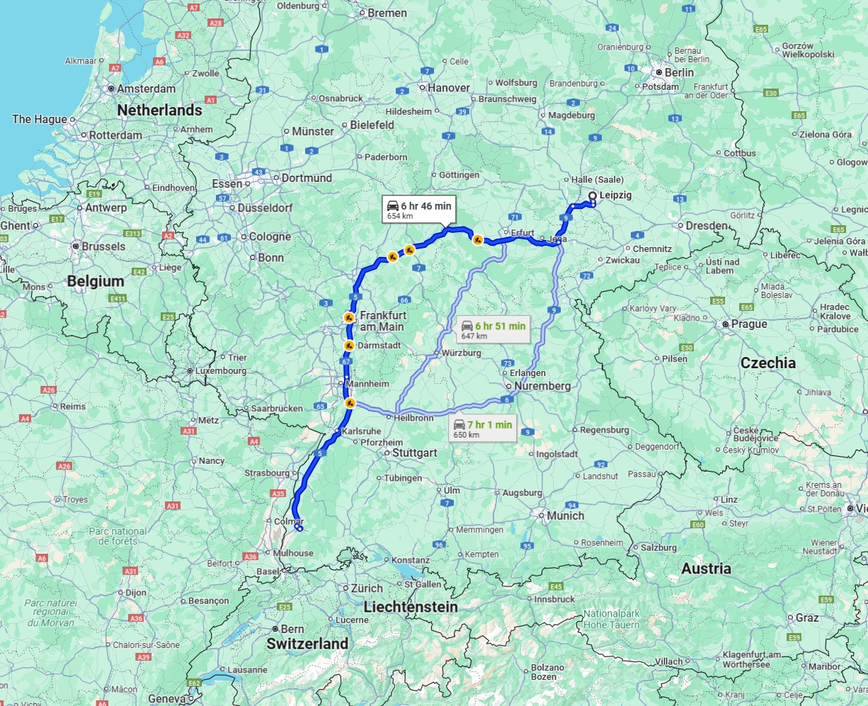 Anreise von Leipzig Zu Freiburg im Breisgau Über via A4 and A5