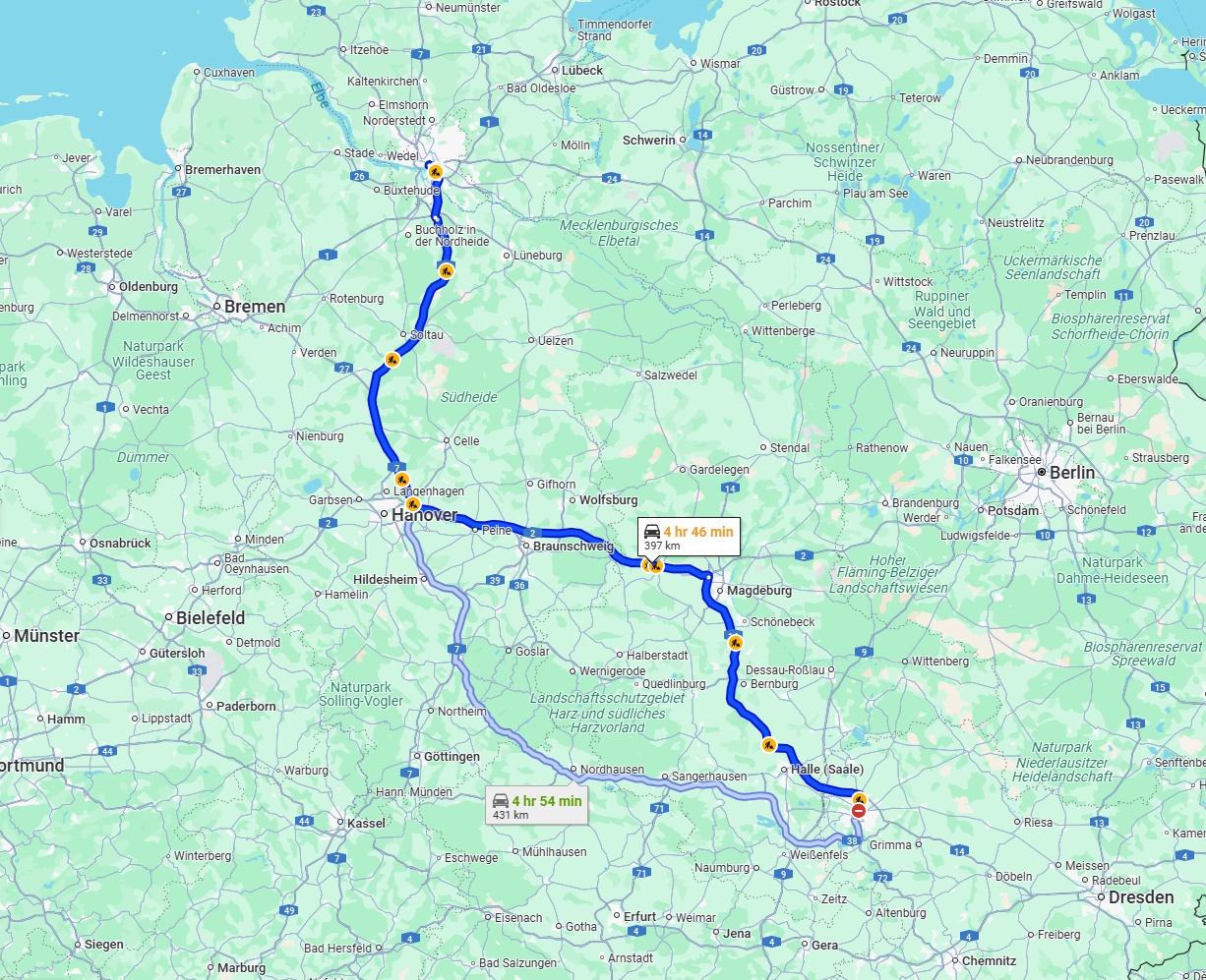 Anreise von Leipzig Zu Hamburg Über via A14, A2 and A7