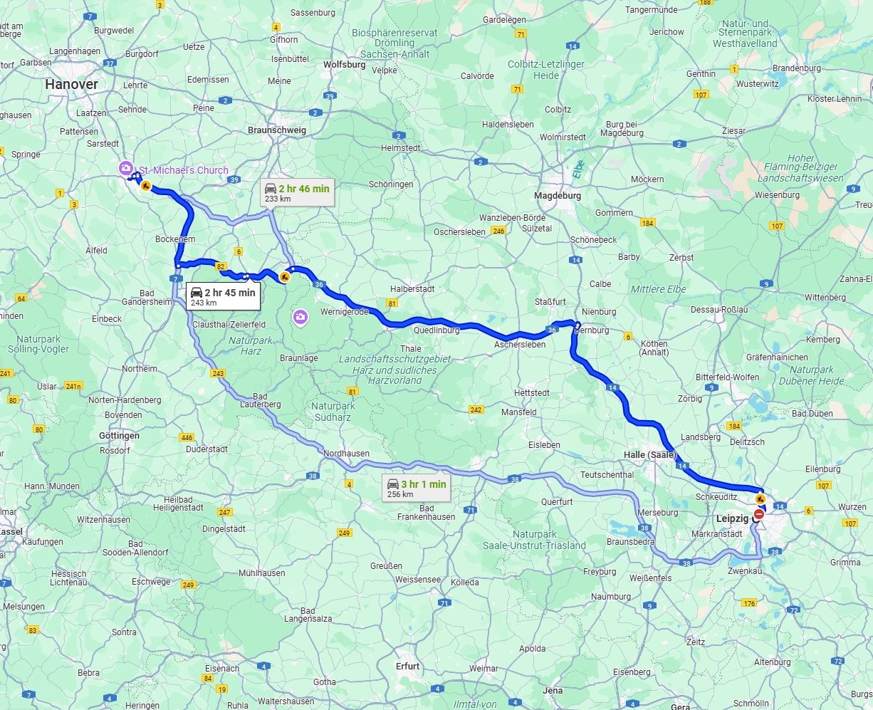 Anreise von Leipzig Zu Hildesheim Über via A14 and A36
