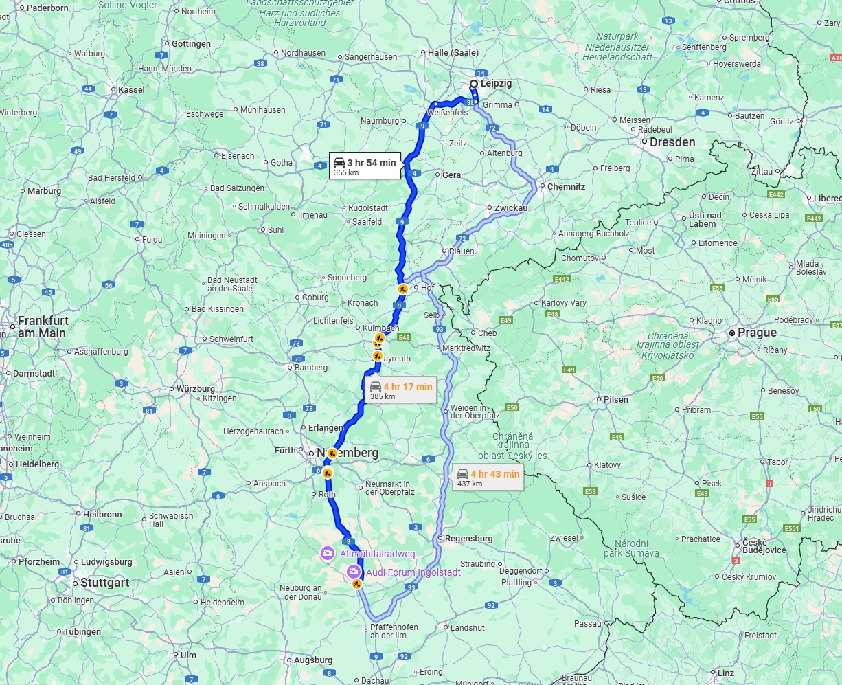 Anreise von Leipzig Zu Ingolstadt Über via A9