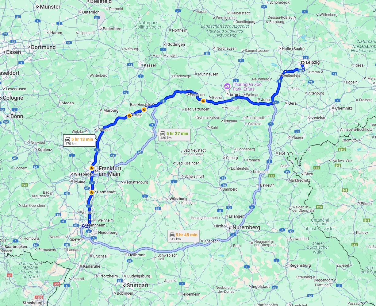 Anreise von Leipzig Zu Ludwigshafen am Rhein Über via A4 and A5