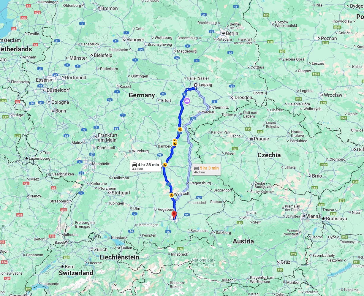 Anreise von Leipzig Zu München Über via A9