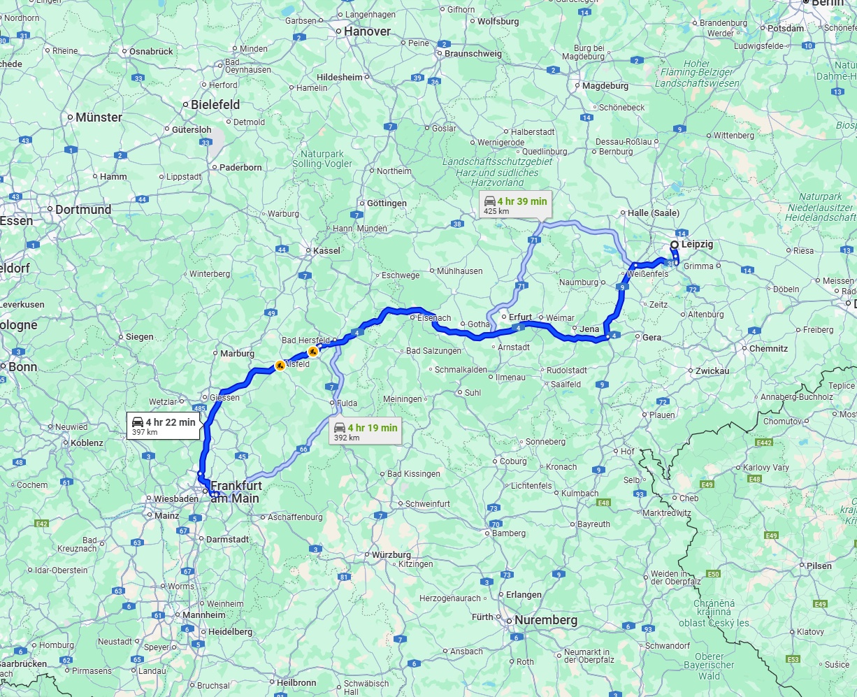 Anreise von Leipzig Zu Offenbach am Main Über via A4 and A5
