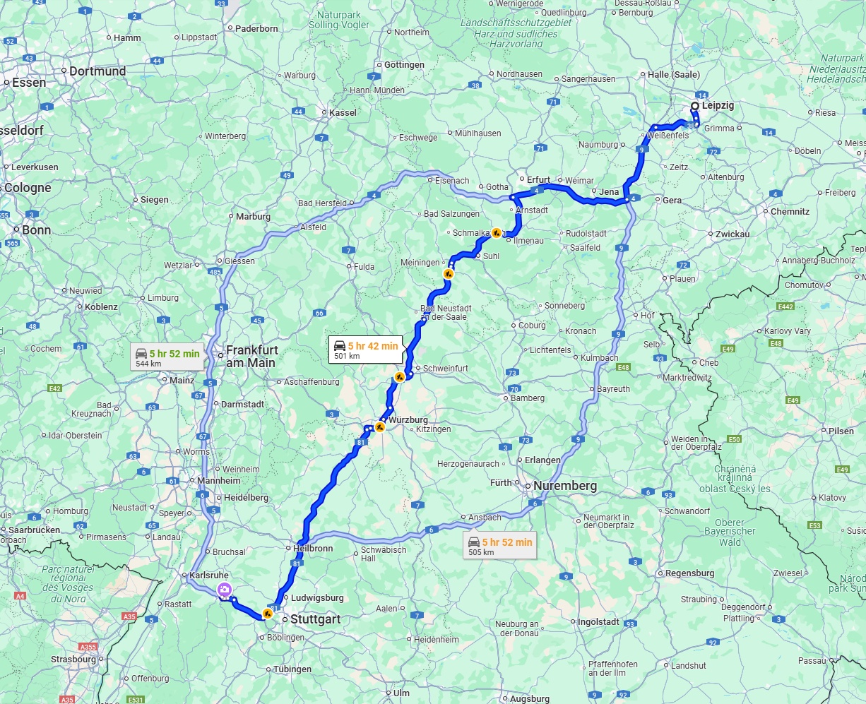 Anreise von Leipzig Zu Pforzheim Über via A71 and A81
