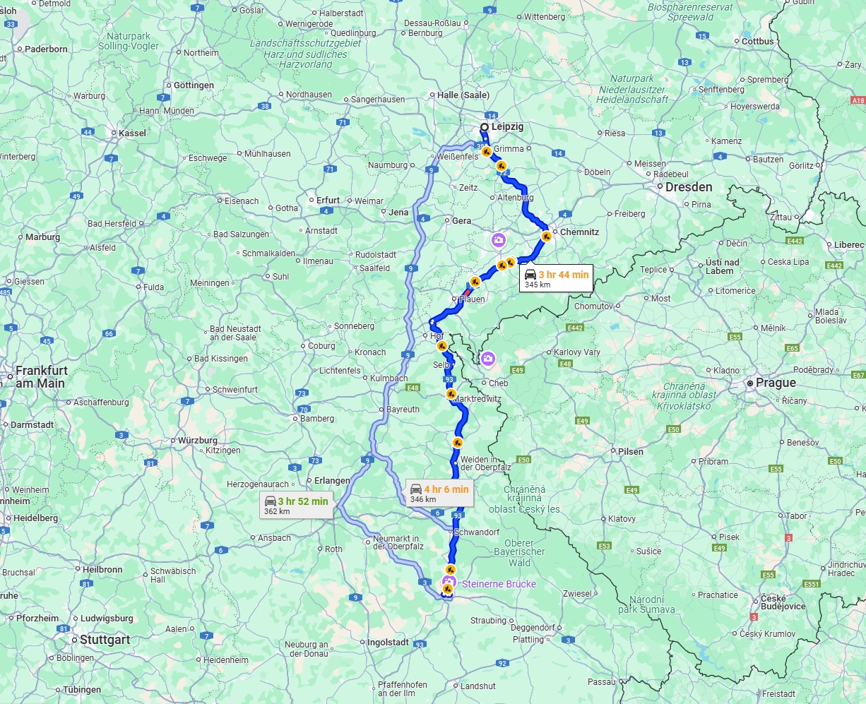 Anreise von Leipzig Zu Regensburg Über via A72 and A93