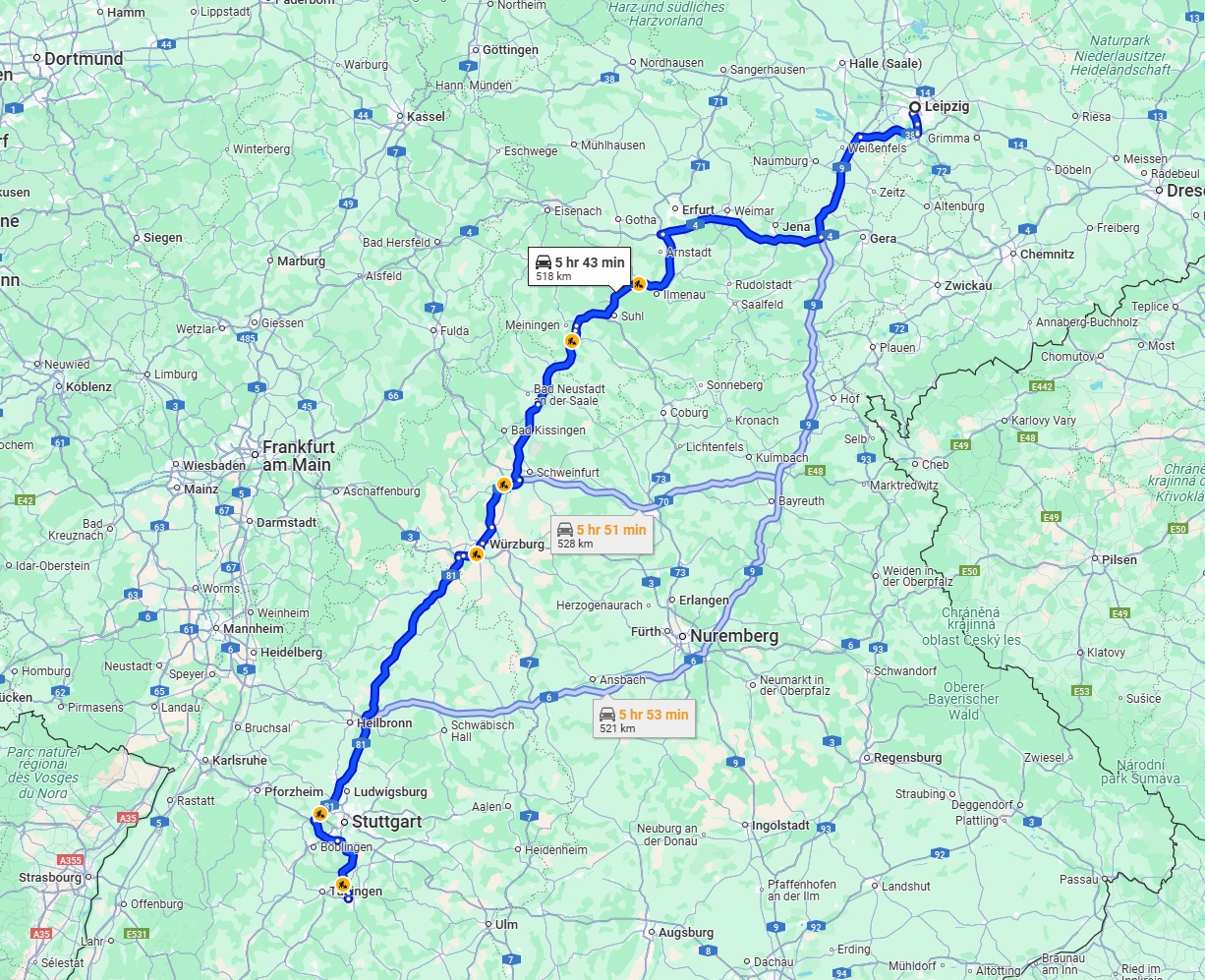 Anreise von Leipzig Zu Reutlingen Über via A71 and A81