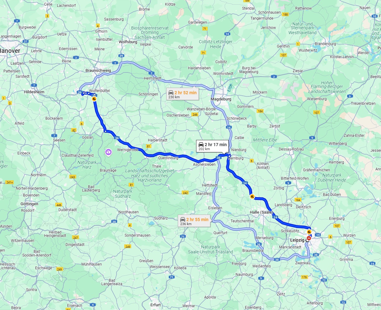 Anreise von Leipzig Zu Salzgitter Über via A14 and A36