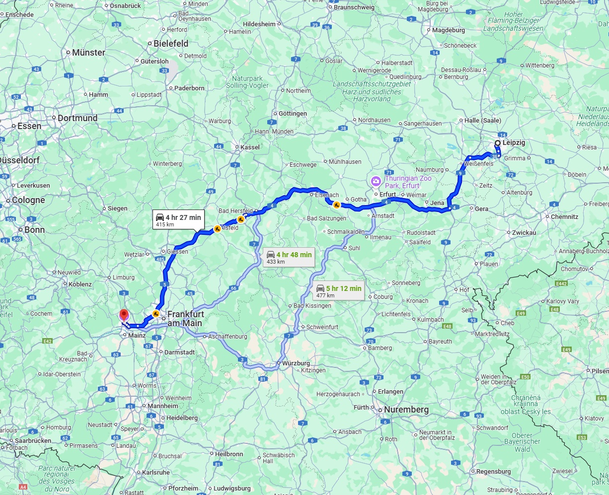 Anreise von Leipzig Zu Wiesbaden Über via A4 and A5