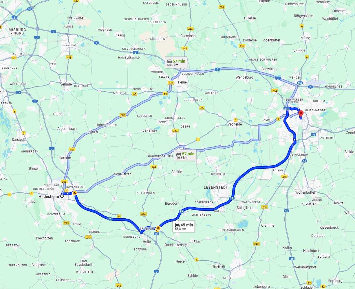 Anreise von Hildesheim Zu Braunschweig Über via A39