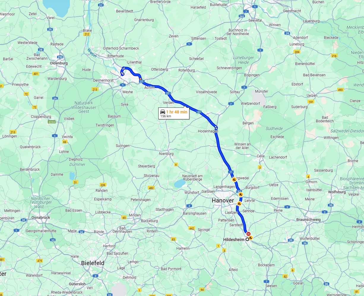 Anreise von Hildesheim Zu Bremen Über via A7 and A27