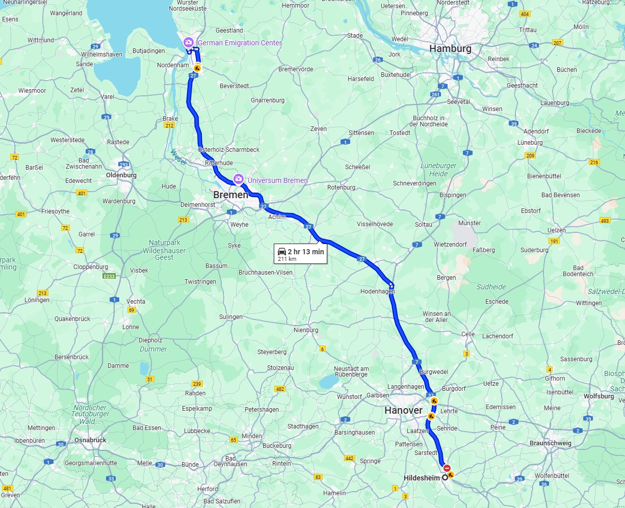 Anreise von Hildesheim Zu Bremerhaven Über via A7 and A27