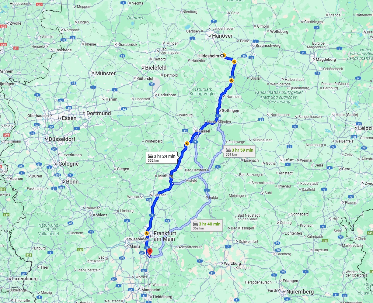 Anreise von Hildesheim Zu Darmstadt Über via A7, A49 and A5