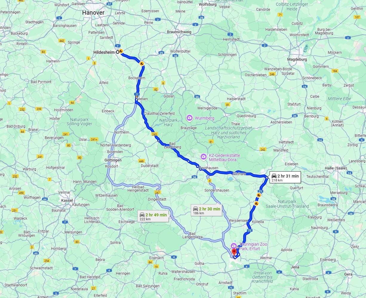 Anreise von Hildesheim Zu Erfurt Über via B243