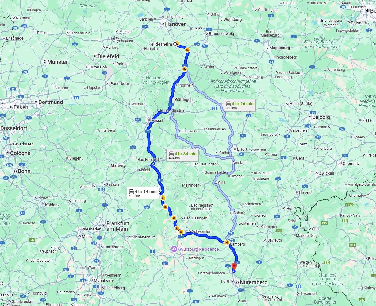 Anreise von Hildesheim Zu Erlangen Über via A7