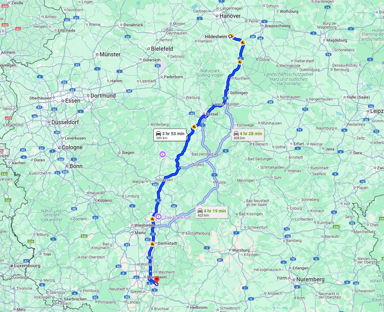 Anreise von Hildesheim Zu Heidelberg Über via A7 and A5