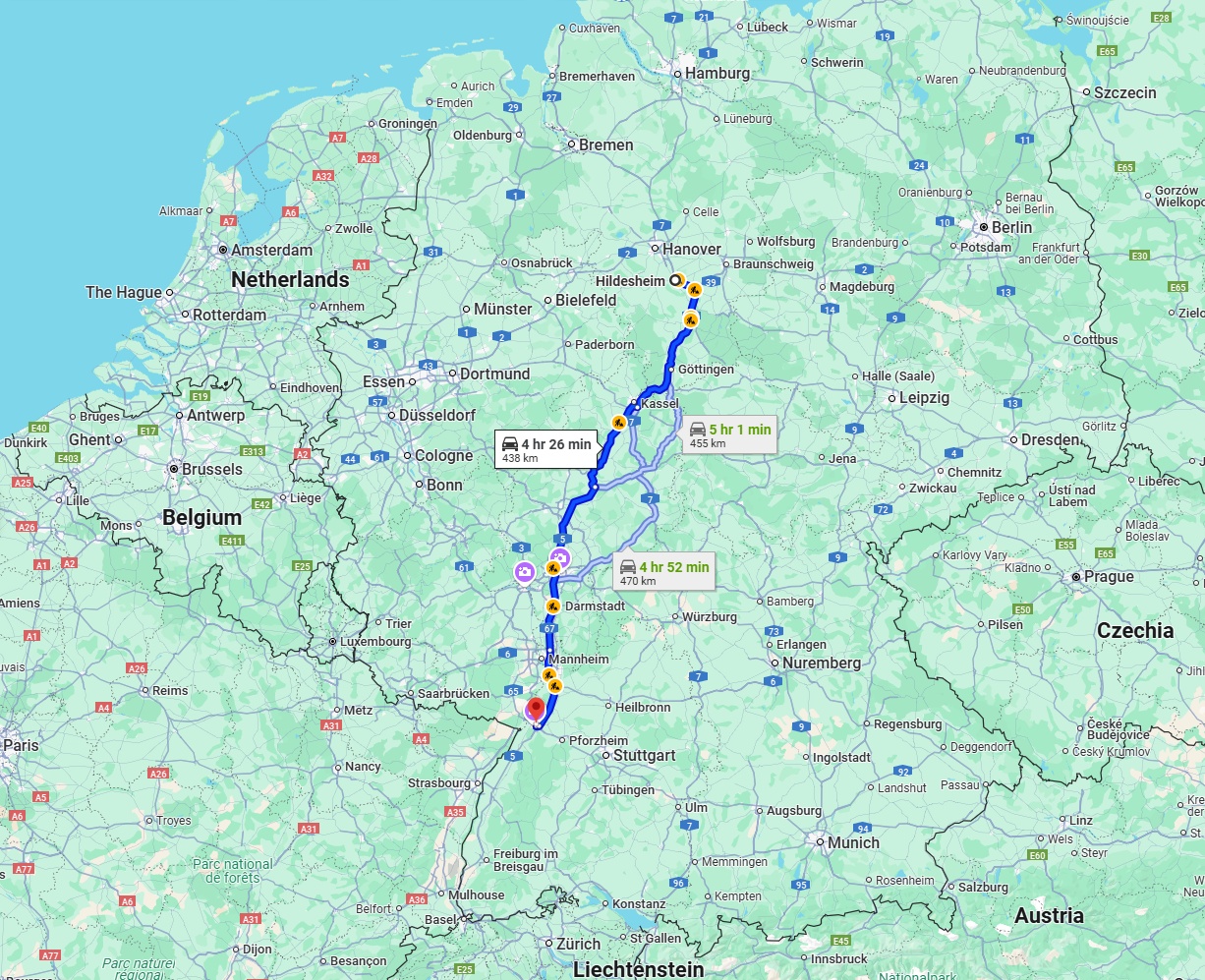 Anreise von Hildesheim Zu Karlsruhe Über via A7 and A5