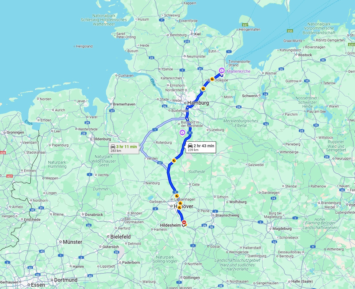 Anreise von Hildesheim Zu Lübeck Über via A7 and A1
