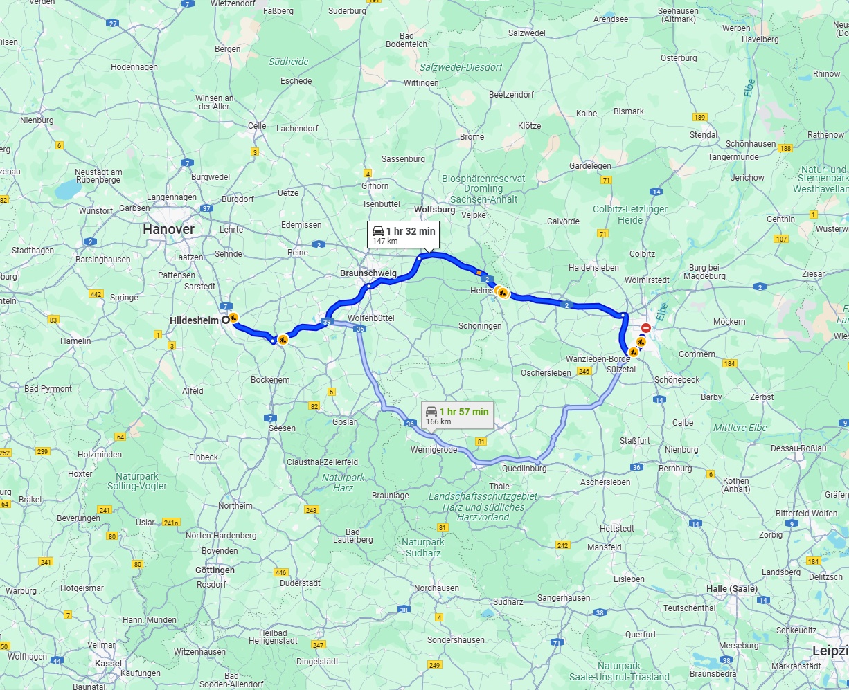 Anreise von Hildesheim Zu Magdeburg Über via A39 and A2