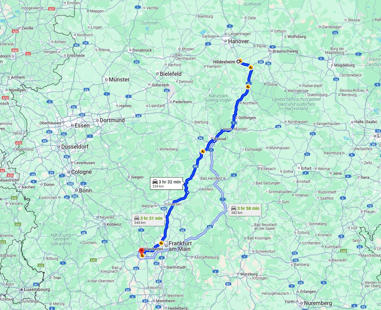Anreise von Hildesheim Zu Mainz Über via A7 and A49