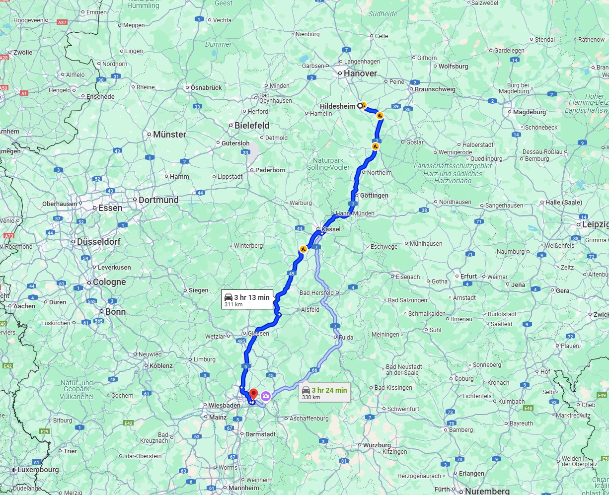 Anreise von Hildesheim Zu Offenbach am Main Über via A7 and A49