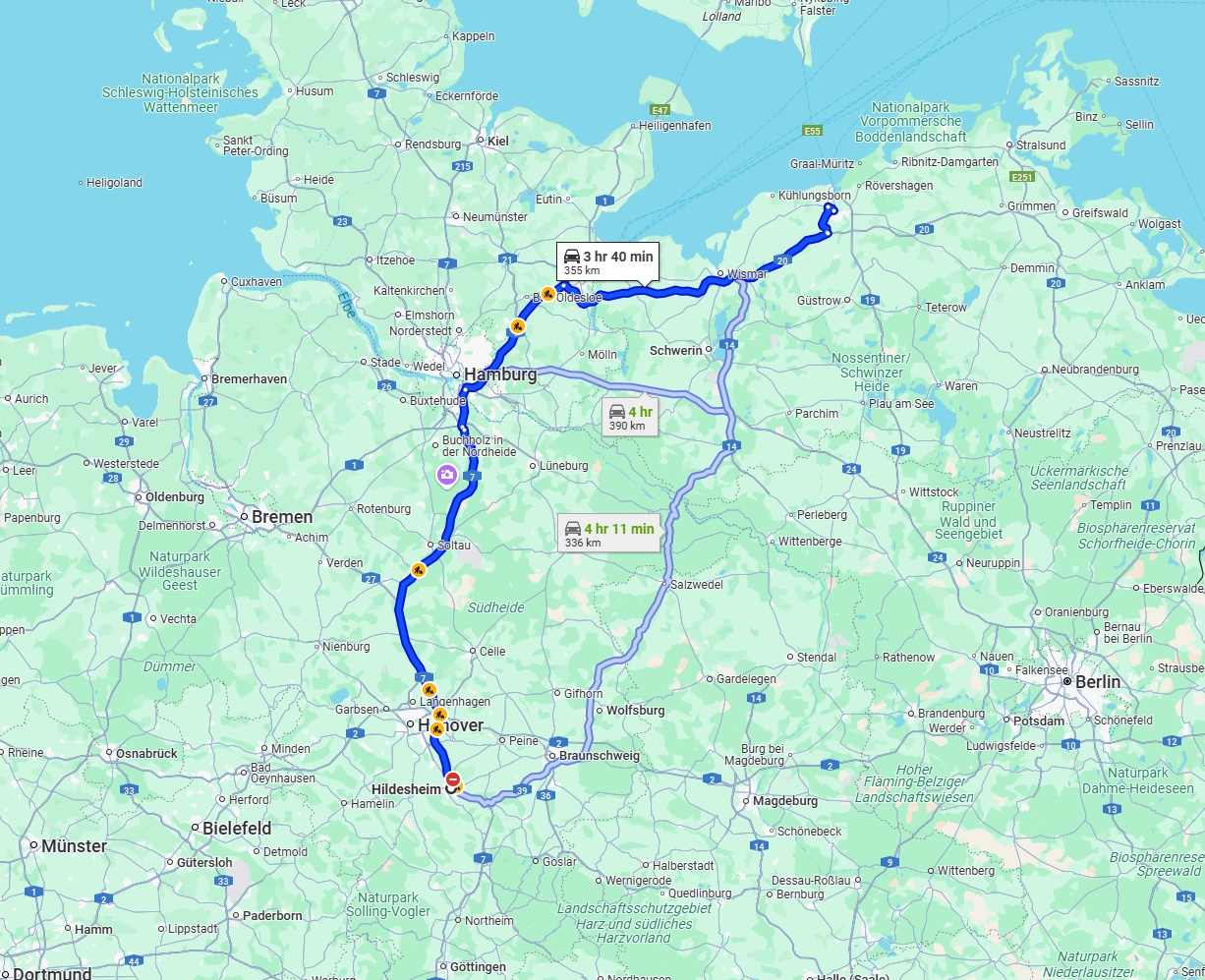 Anreise von Hildesheim Zu Rostock Über via A7 and A20
