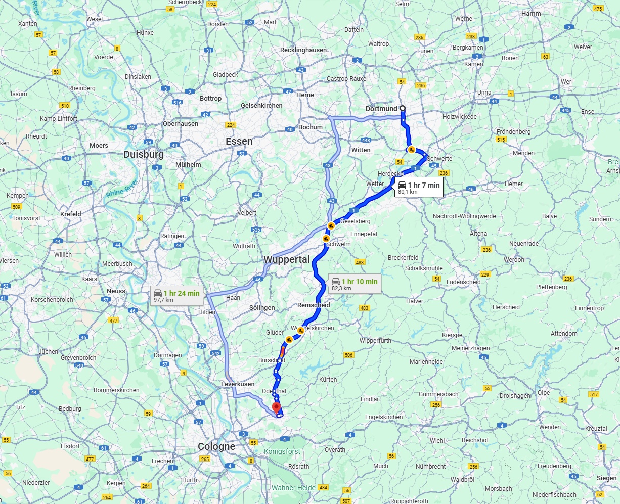 Anreise von Dortmund Zu Bergisch Gladbach Über via A1