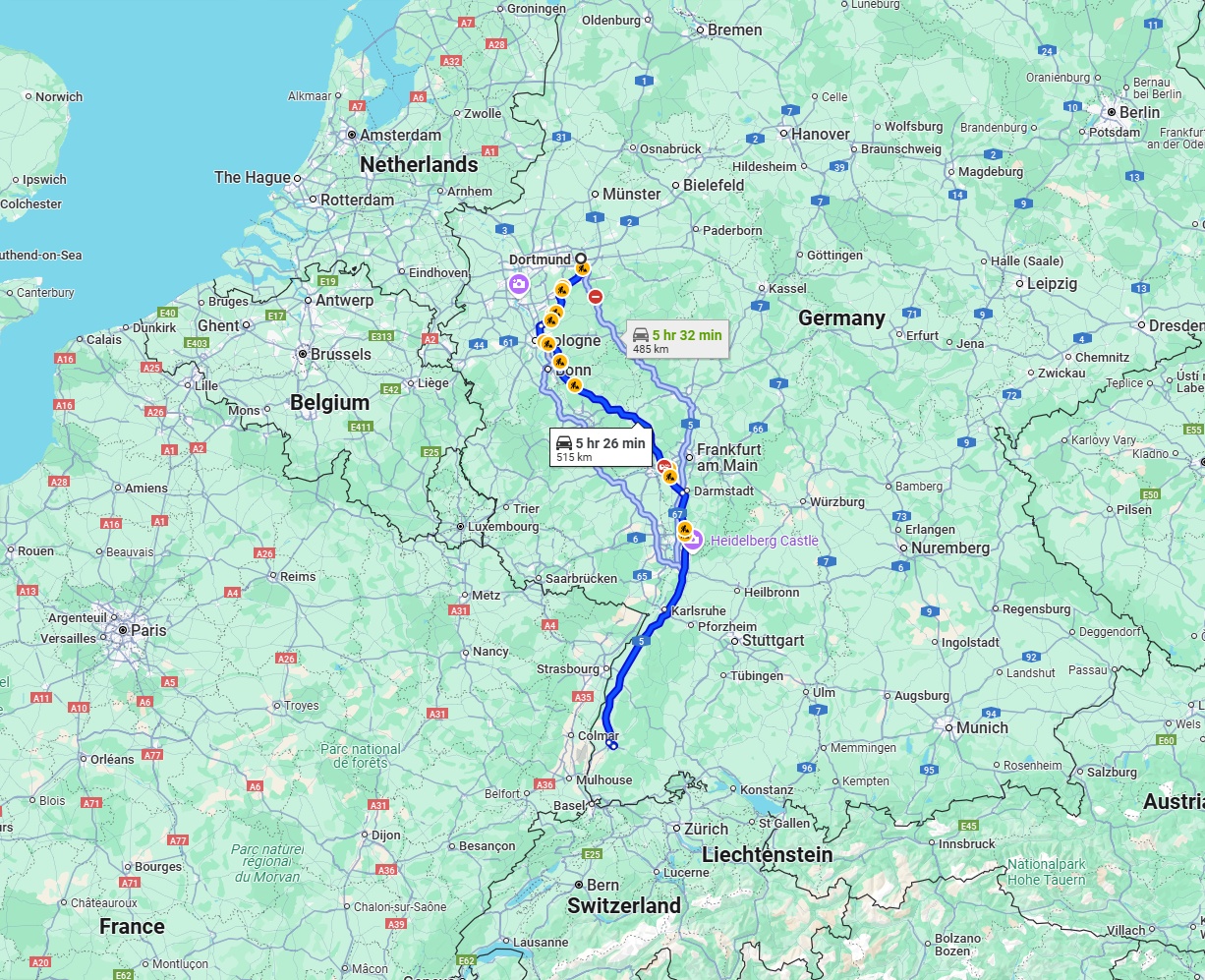 Anreise von Dortmund Zu Freiburg im Breisgau Über via A3 and A5