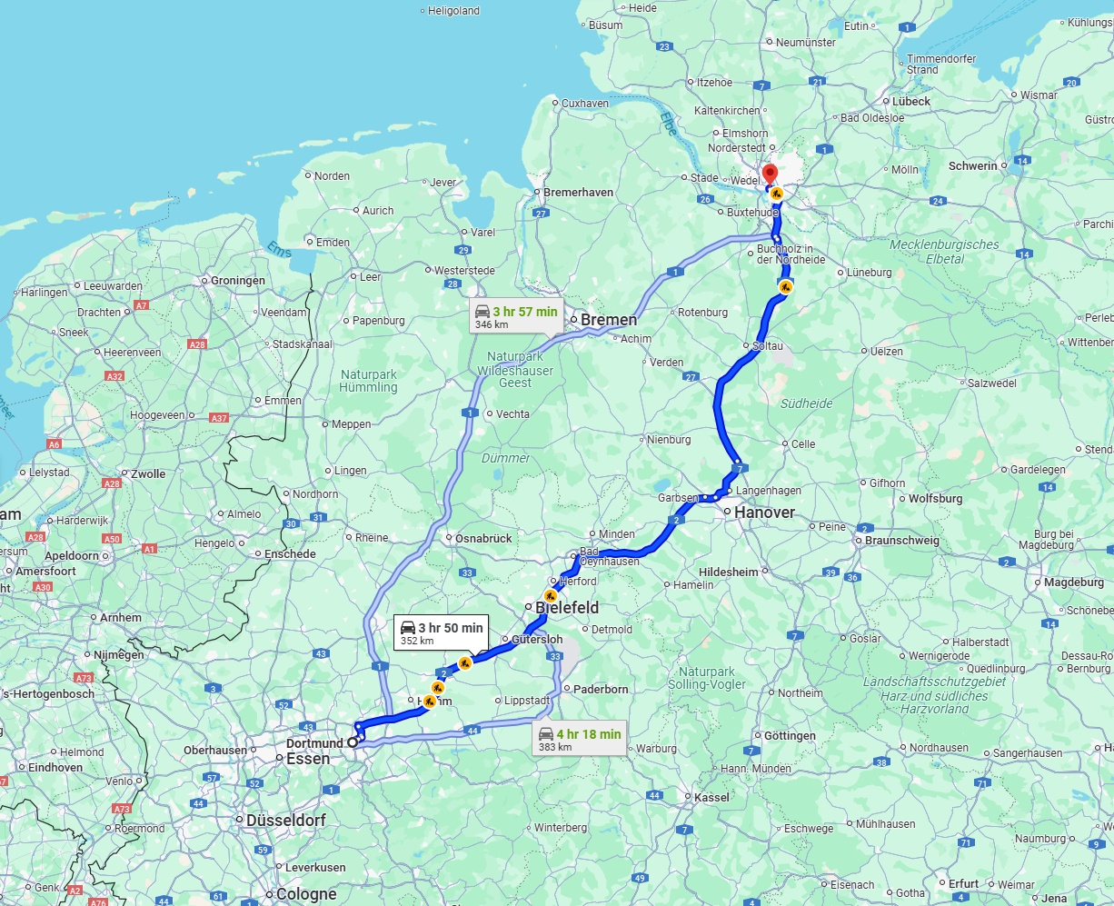 Anreise von Dortmund Zu Hamburg Über via A2 and A7