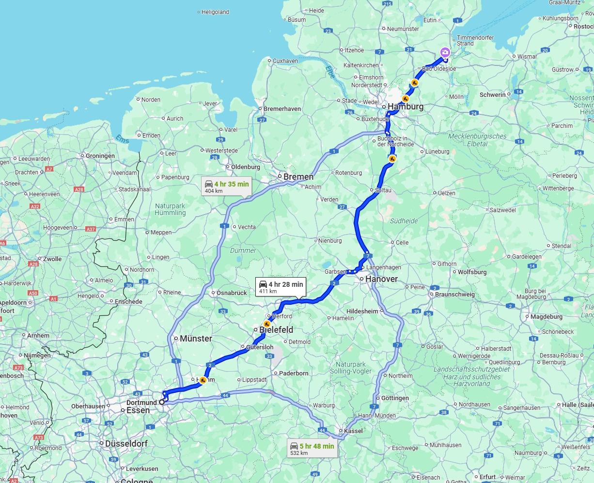 Anreise von Dortmund Zu Lübeck Über via A2 and A7