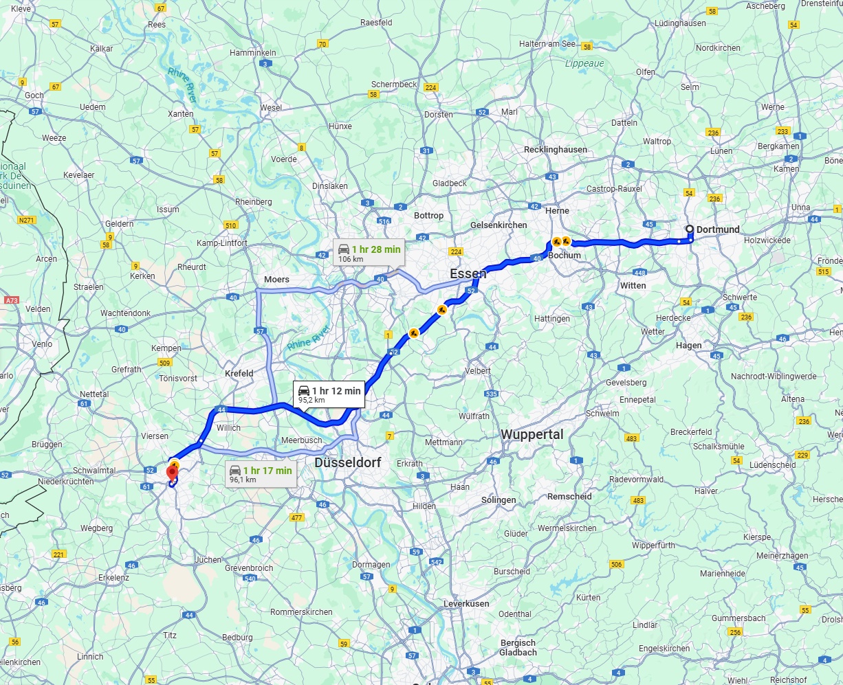 Anreise von Dortmund Zu Mönchengladbach Über via A40, A44 and A52