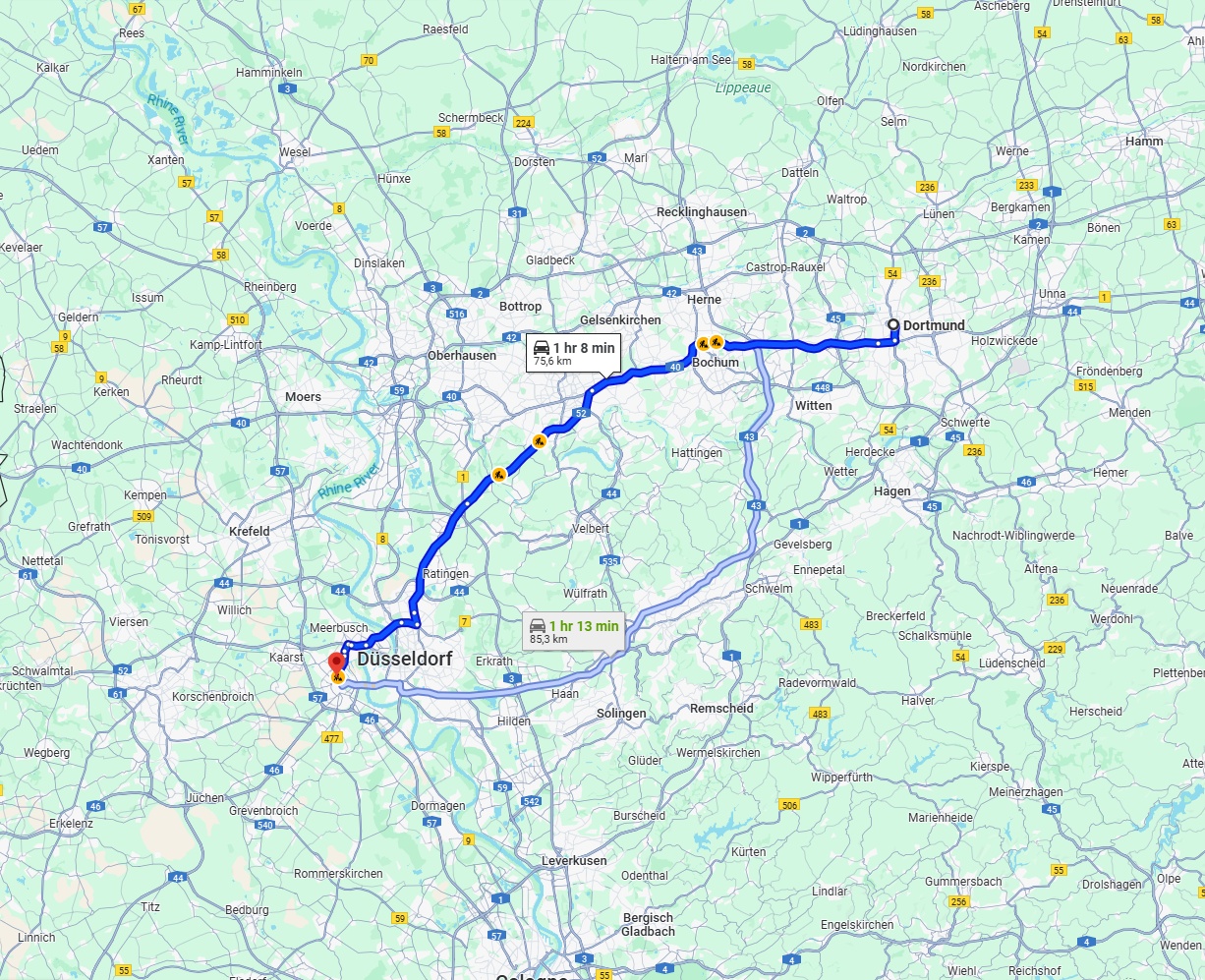 Anreise von Dortmund Zu Neuss Über via A40 and A52