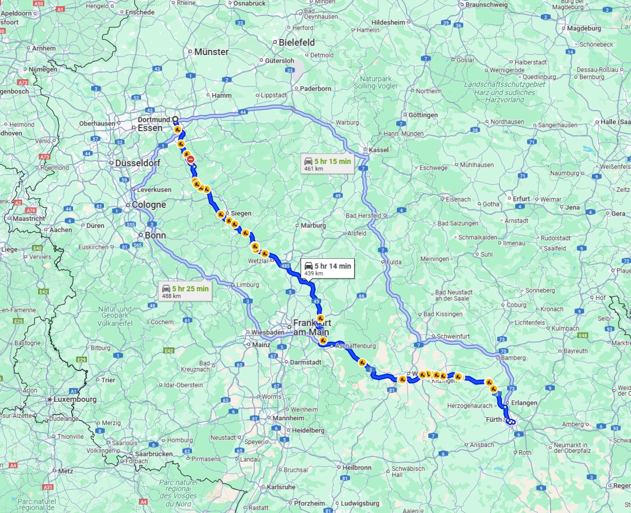 Anreise von Dortmund Zu Nürnberg Über via A45 and A3