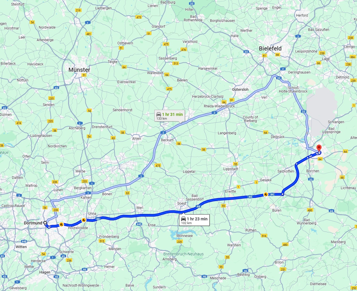 Anreise von Dortmund Zu Paderborn Über via A44