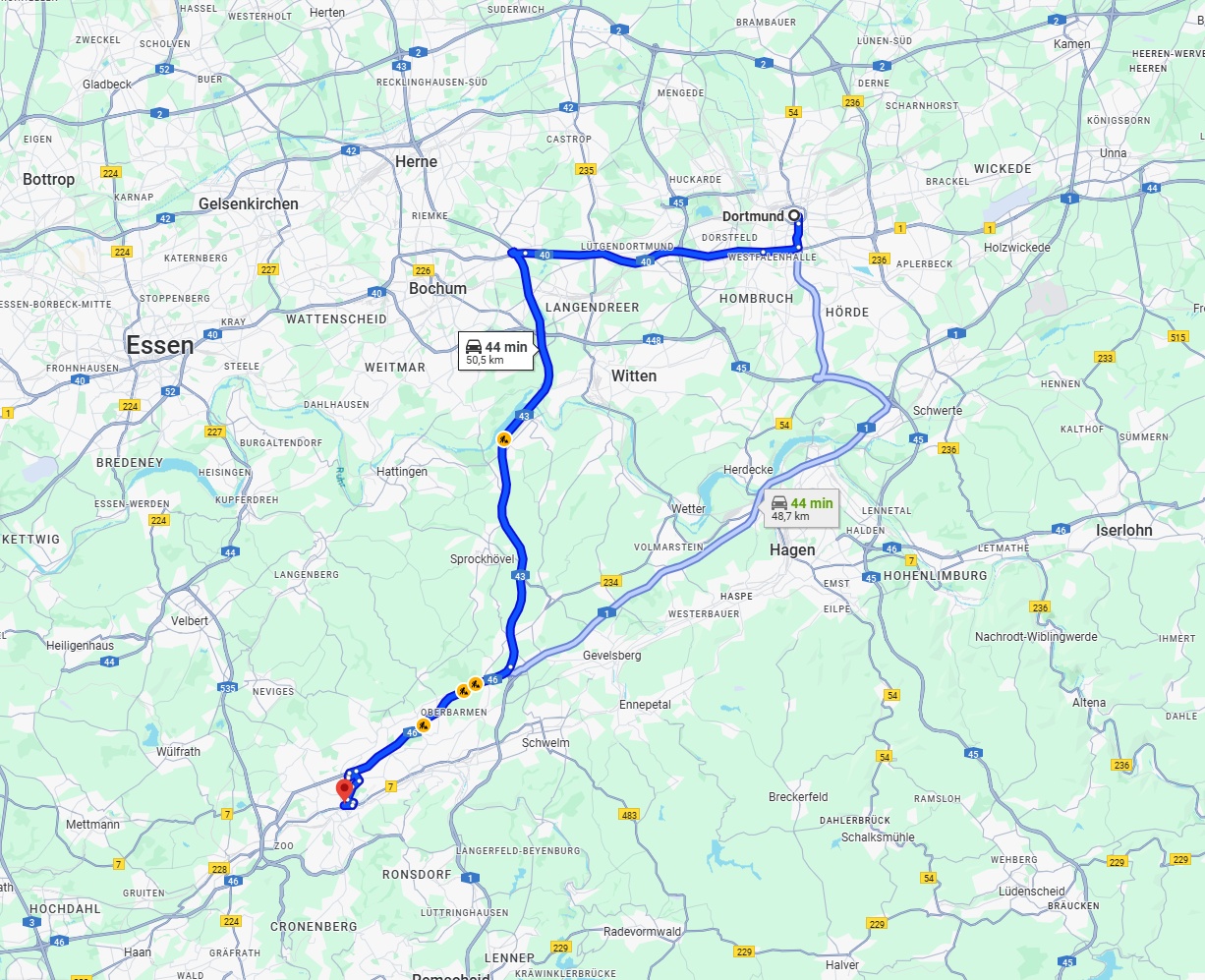 Anreise von Dortmund Zu Wuppertal Über via A43